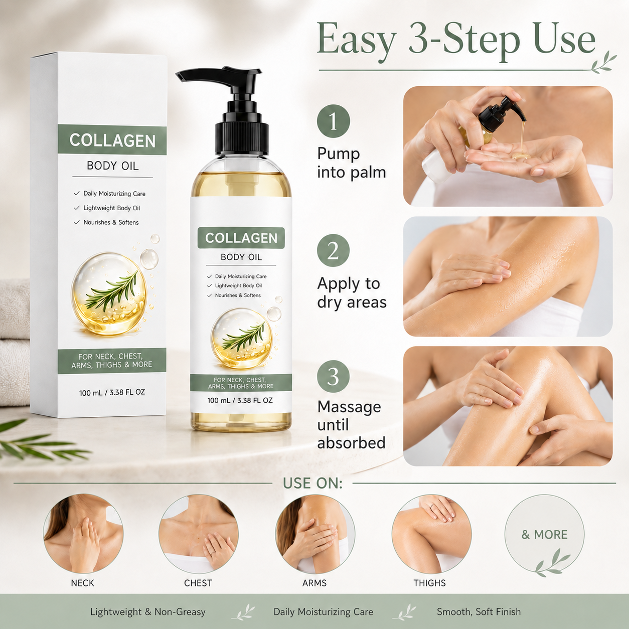 Collagen Body Oil, 100 mL / 3.38 fl oz Lightweight body OilCollagen BodyOil for Body & After Shower, Lightweight Moisturizing BodyOil for Women and Men (100ML-1PKCollagen Body Oil)