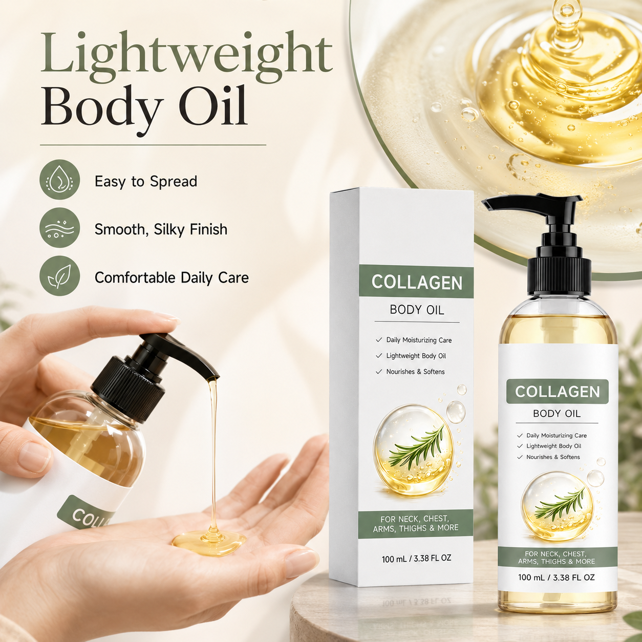 Collagen Body Oil, 100 mL / 3.38 fl oz Lightweight body OilCollagen BodyOil for Body & After Shower, Lightweight Moisturizing BodyOil for Women and Men (100ML-1PKCollagen Body Oil)