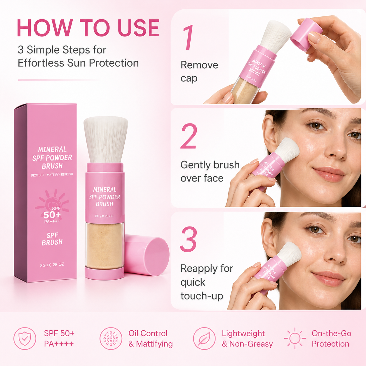 Mineral SPF 50 Powder Brush, 8g On-the-Go Sunscreen Powder Brush for Face, Soft-Matte Mineral Powder, Oil Control Touch-Up Brush,Portable Travel Size