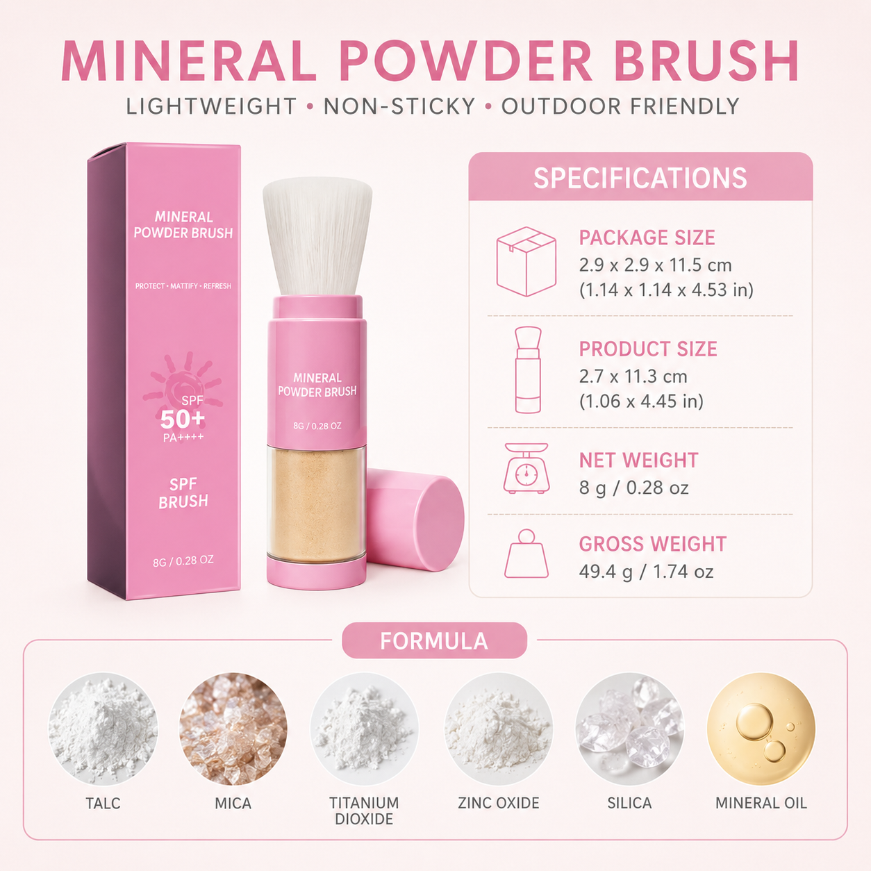 Mineral SPF 50 Powder Brush, 8g On-the-Go Sunscreen Powder Brush for Face, Soft-Matte Mineral Powder, Oil Control Touch-Up Brush,Portable Travel Size