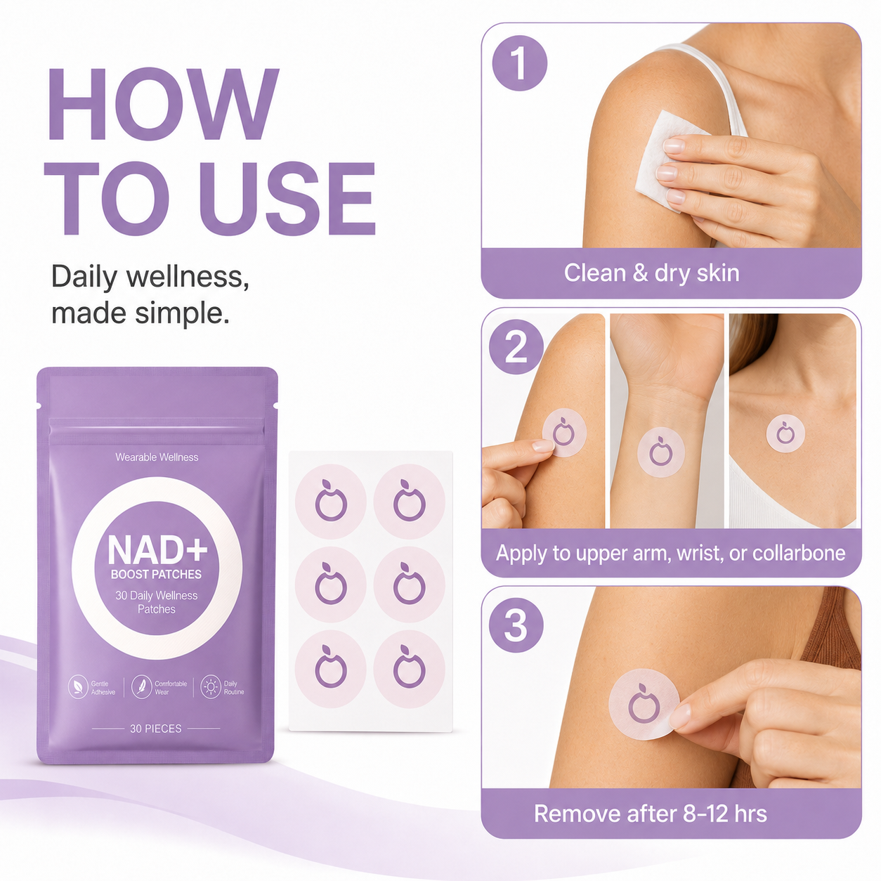 Stronger NAD+ Boost Patches for Women & Men, Plant-Based Formula for Daily Energy,Wellness Care Patches,30 Pack (60PCS Daily Wellness Patches)