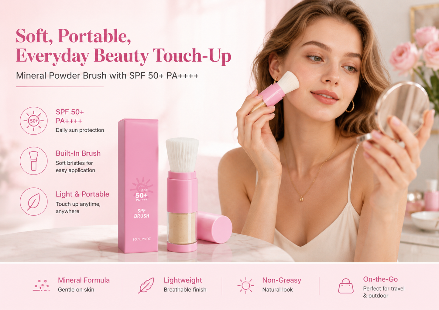 Mineral SPF 50 Powder Brush, 8g On-the-Go Sunscreen Powder Brush for Face, Soft-Matte Mineral Powder, Oil Control Touch-Up Brush,Portable Travel Size